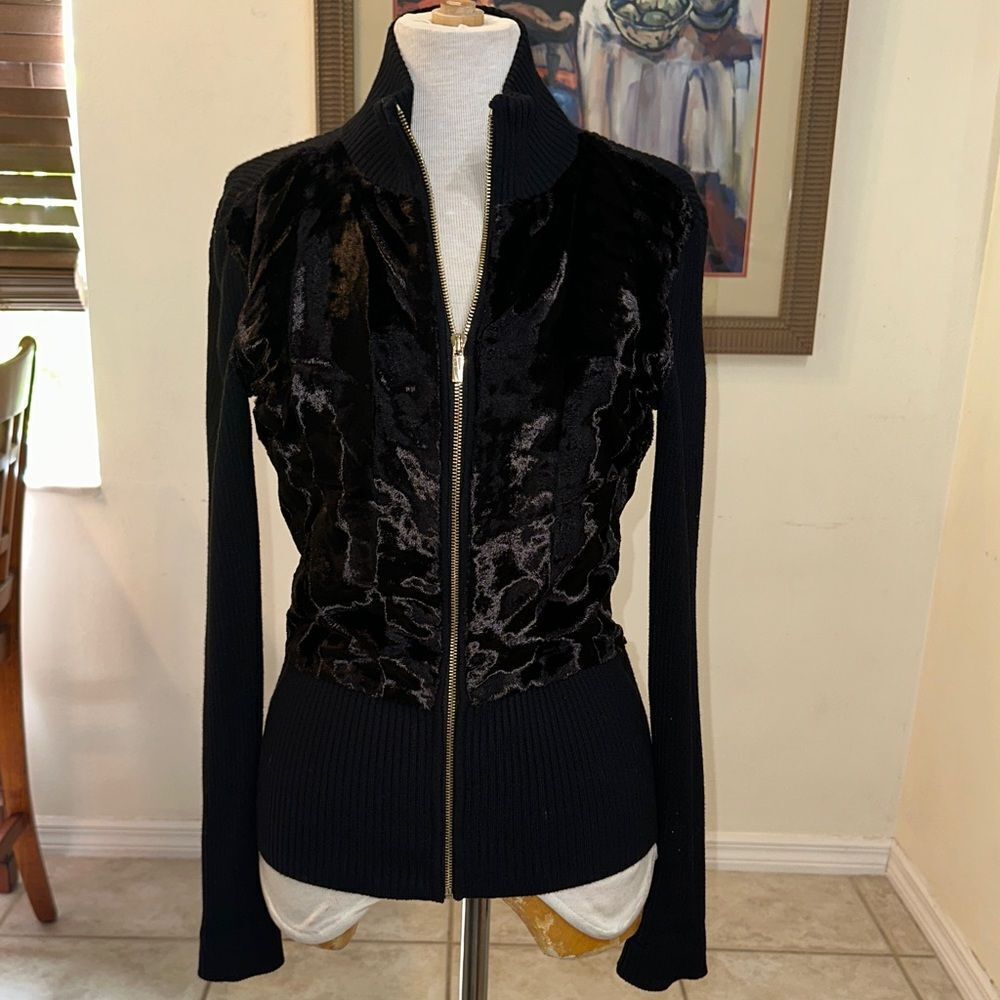 Cache Sweater Jacket -Black Velvet Ribbed Zip-Up  Size XS